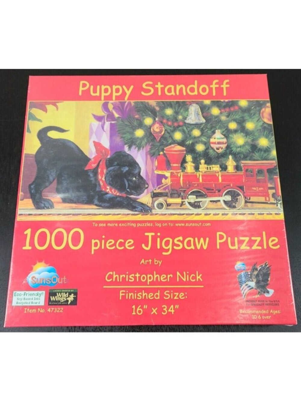 SunsOut Puppy Standoff Jigsaw Puzzle 1000 Piece Christmas Dog vs Train Set